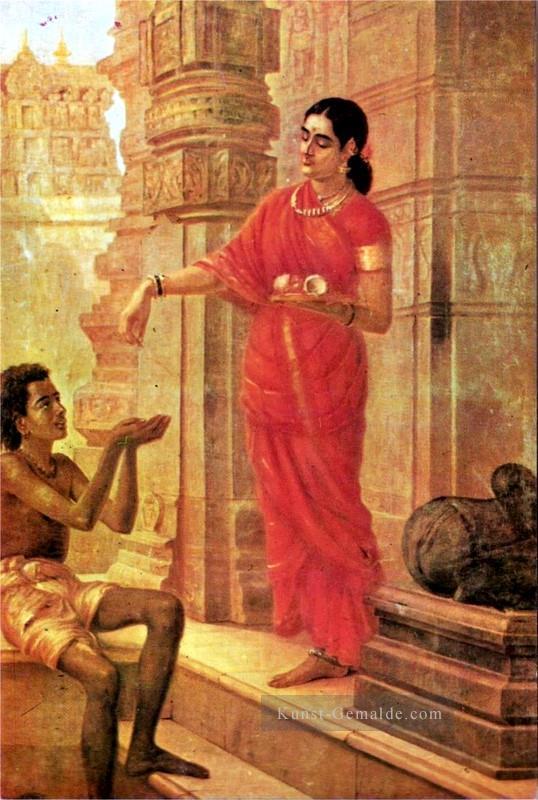 Ravi Varma Lady Alms Giving im Tempel Ölgemälde